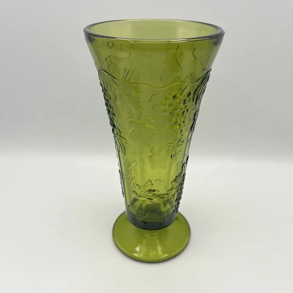 Vintage Indiana Glass Tall Footed Vase Harvest Grape Colony Green 9.75
